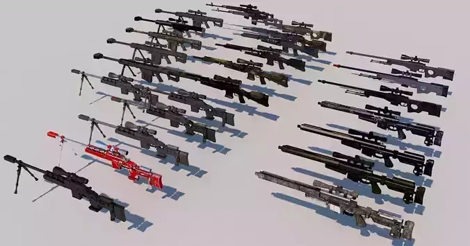 Pack Of 26 low poly PBR realistic Sniper Rifle weapons Low-poly 3D model