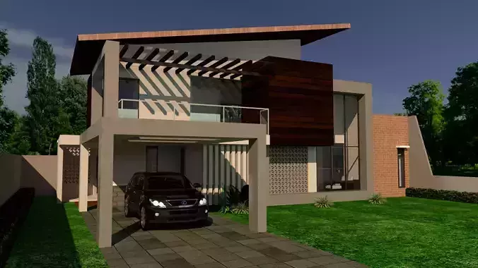 exterior modern house with car on lawn