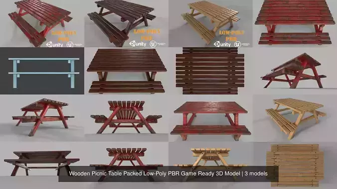 Wooden Picnic Table Packed Low-Poly PBR Game Ready 3D Model 3D Model Collection