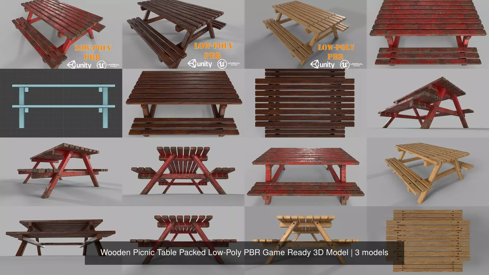 Wooden Picnic Table Packed Low-Poly PBR Game Ready 3D Model 3D Model Collection_0