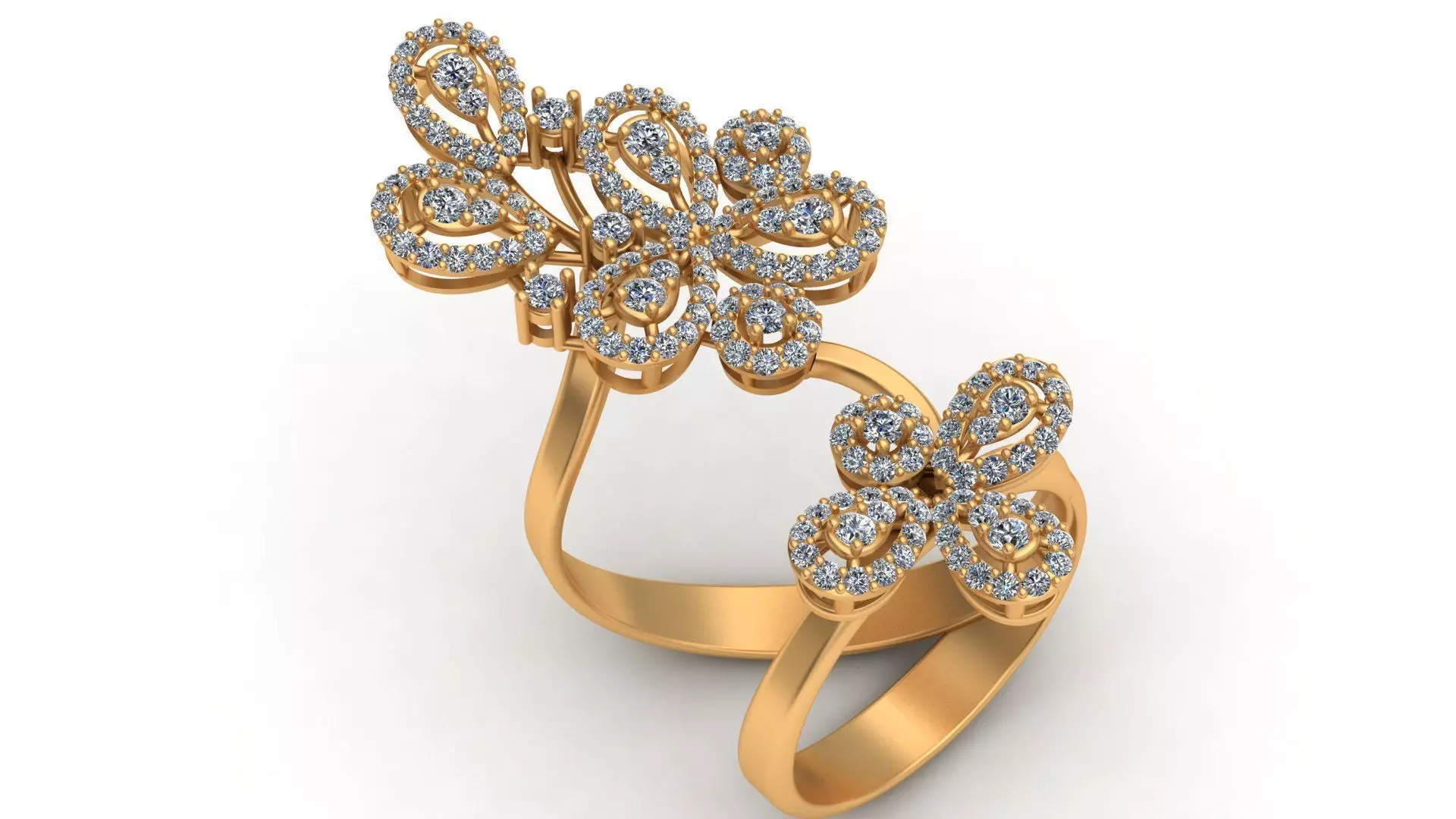 Long Finger Flower Diamond Gold Ring 3D print model