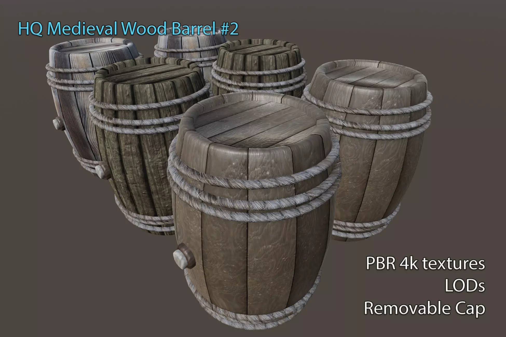 HQ PBR Medieval wood barrel 2 Low-poly 3D model_0