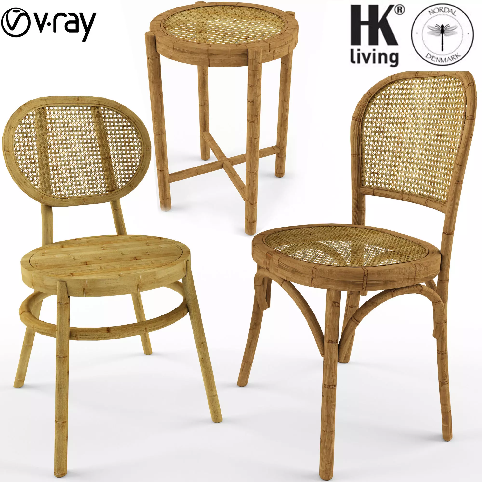 3 samples of Bodeco wooden rattan chair 3D model_0