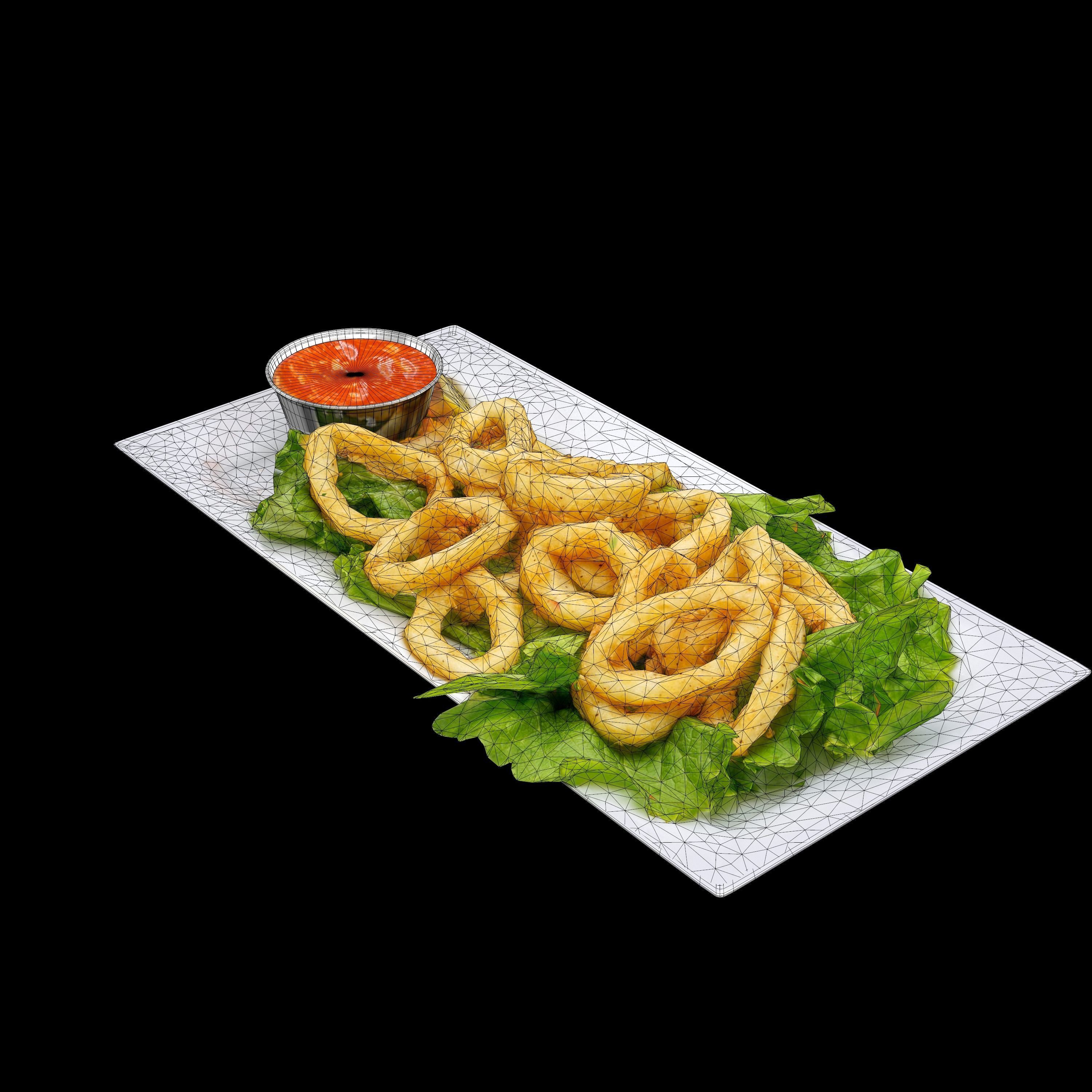 Calamari fried onion rings on plate Low-poly 3D model_9