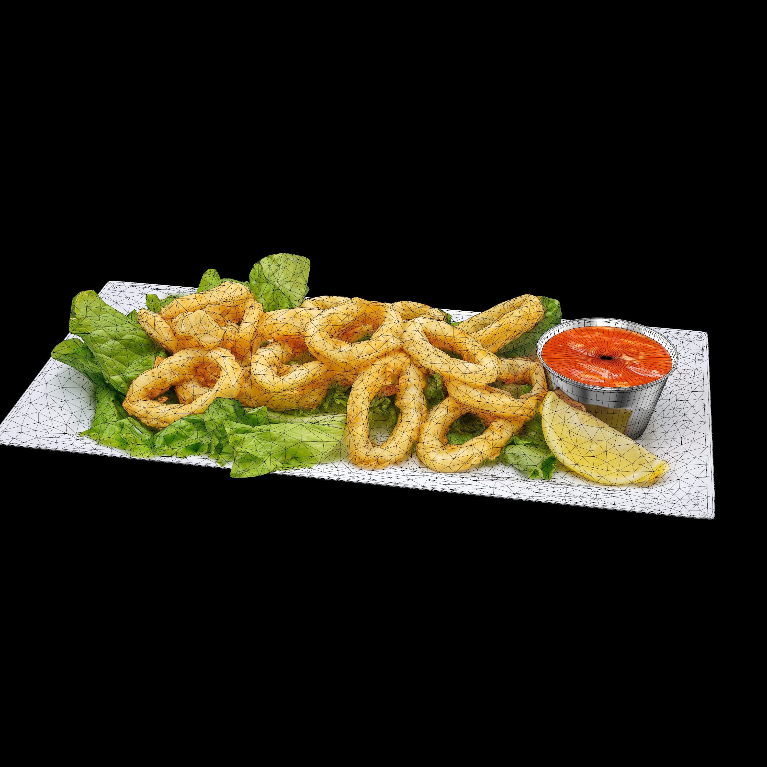 Calamari fried onion rings on plate Low-poly 3D model_10