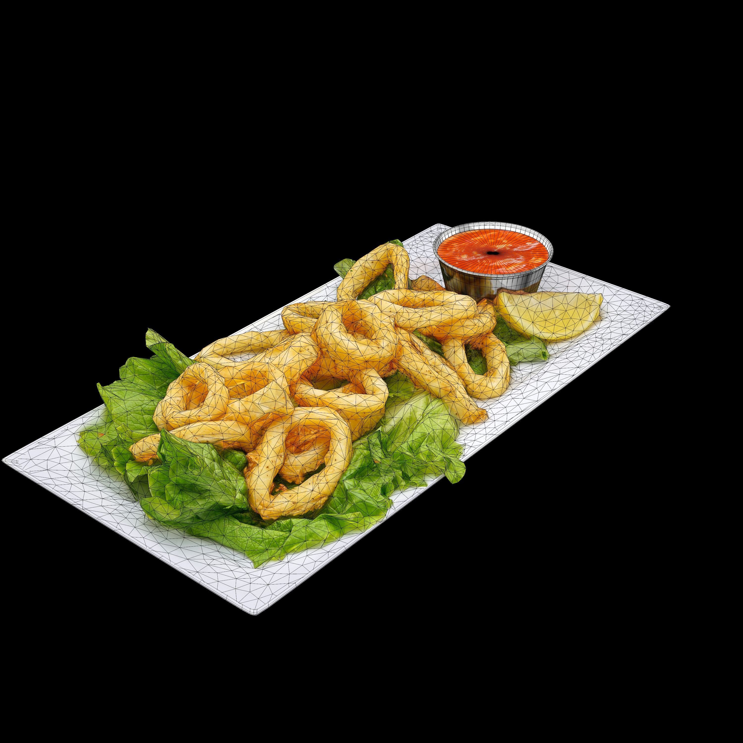 Calamari fried onion rings on plate Low-poly 3D model_7