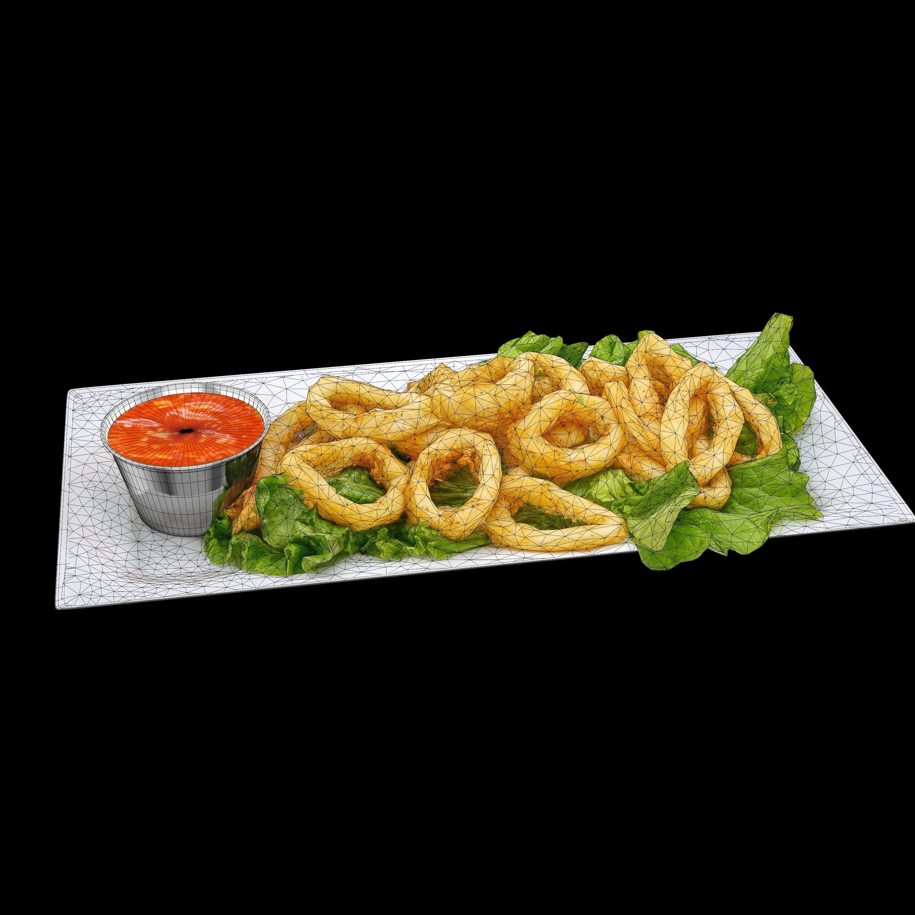 Calamari fried onion rings on plate Low-poly 3D model_8