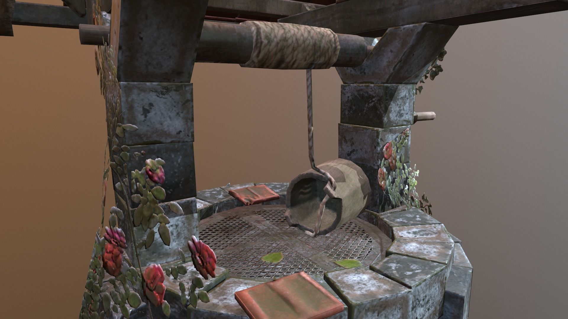 Ruined old Draw-well Low-poly 3D model_9