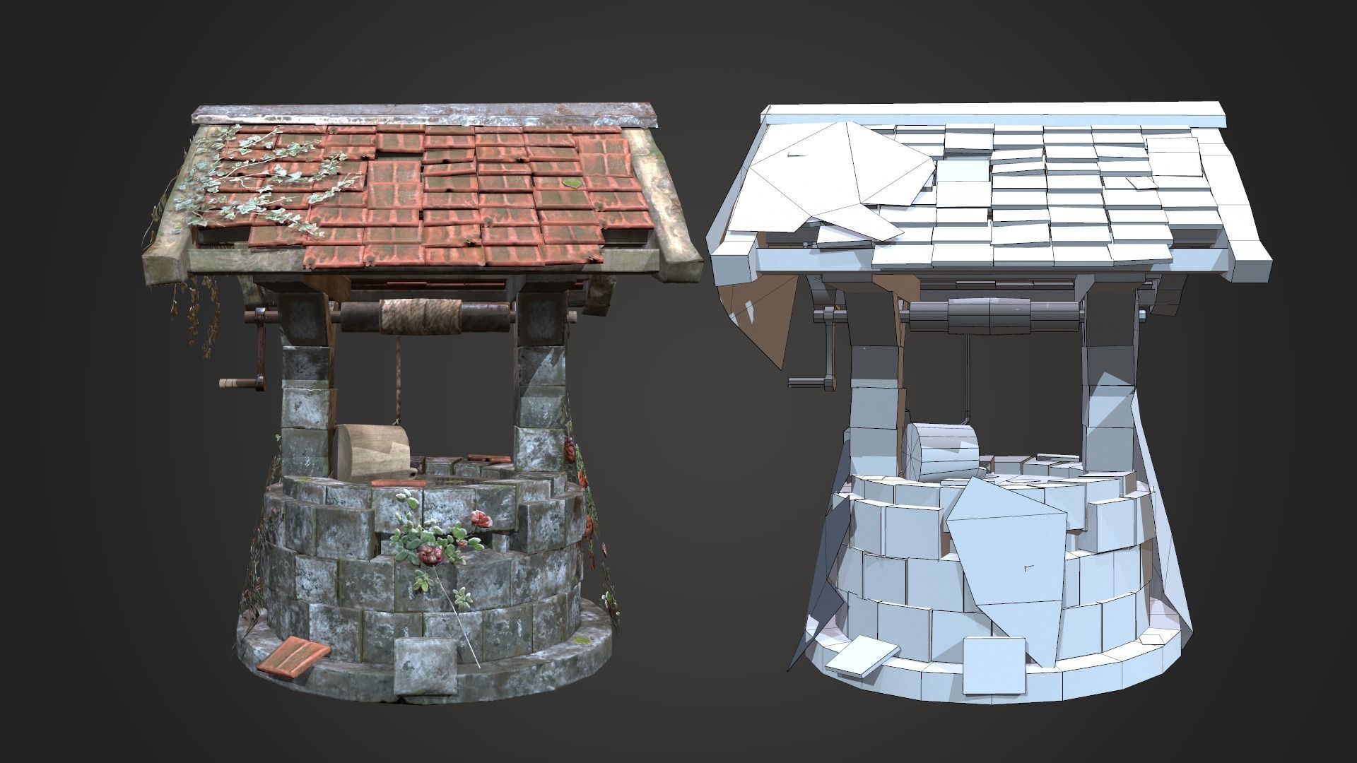 Ruined old Draw-well Low-poly 3D model_3