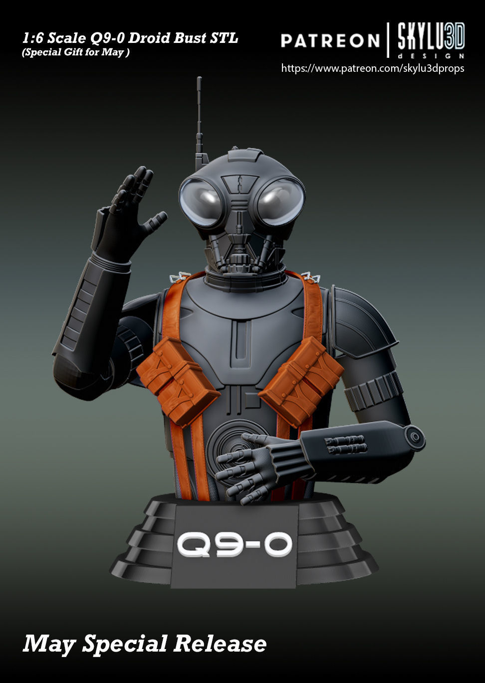 Q9-0 Bug Driod 12 inch Scale Bust Model- 3D print ready STL 3D print model_2