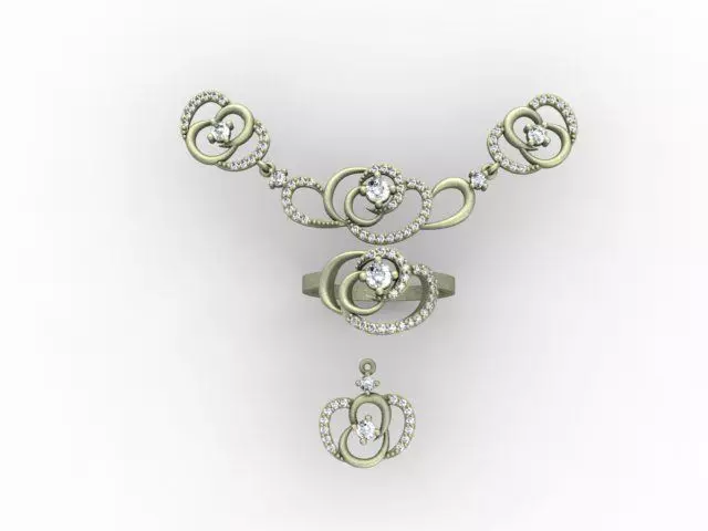 Gold Set necklace and earrings with diamonds 3D print model_0