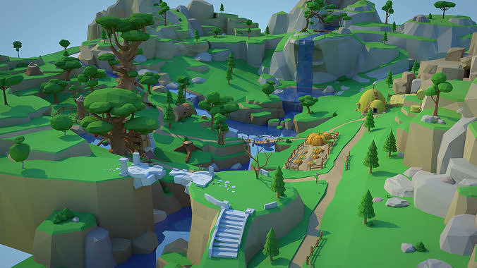 Low Poly Forest Scene with Tree Houses Low-poly 3D model
