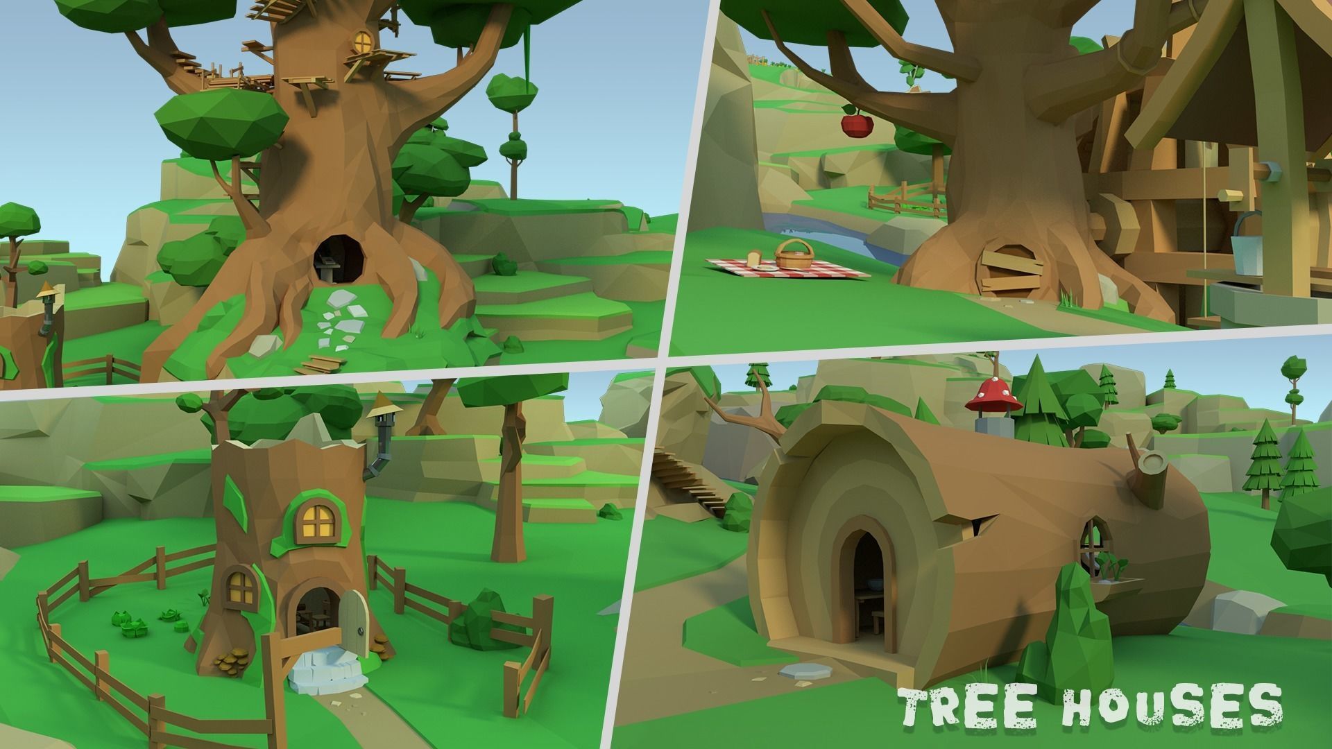 Low Poly Forest Scene with Tree Houses Low-poly 3D model_4