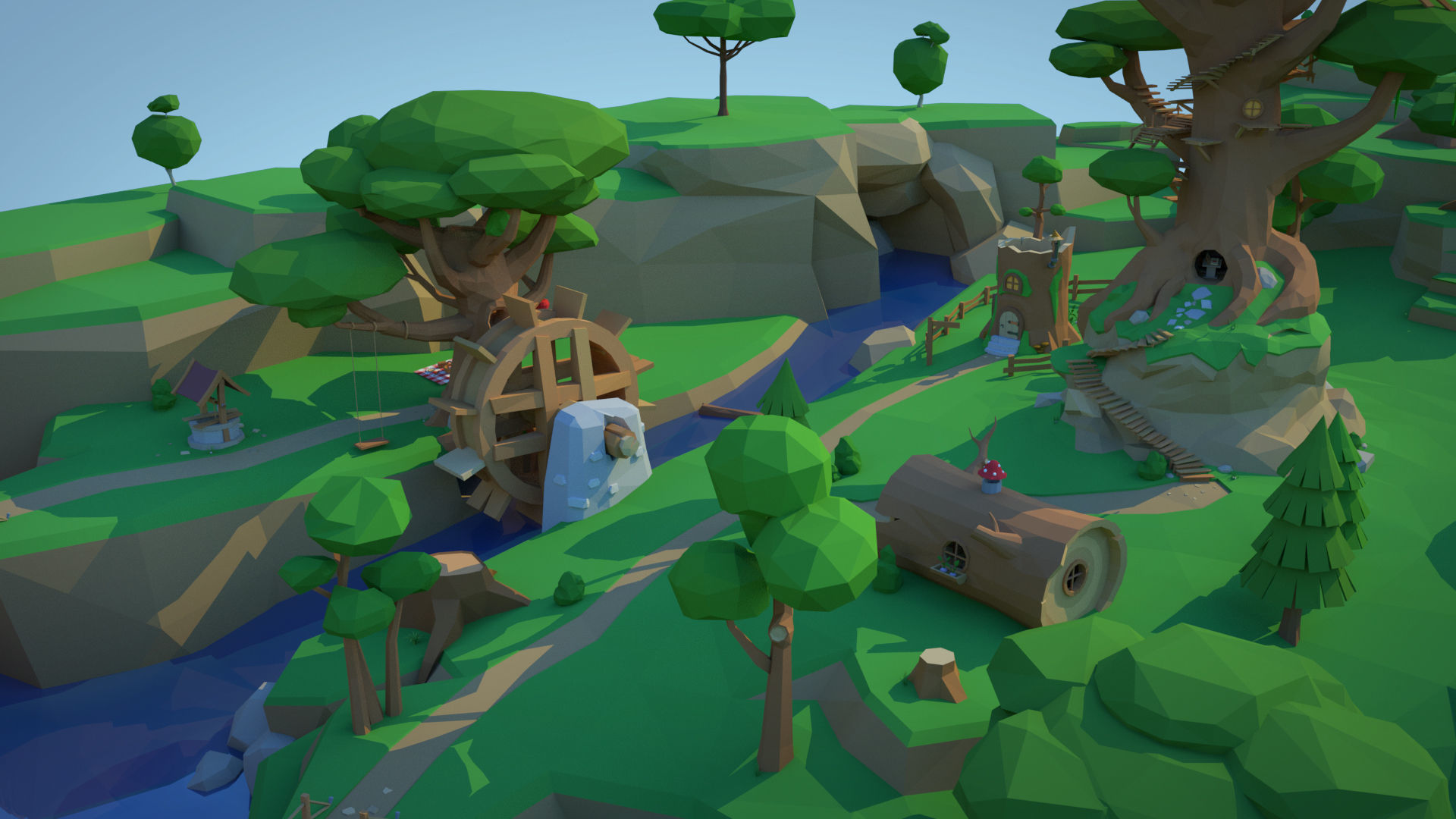 Low Poly Forest Scene with Tree Houses Low-poly 3D model_2