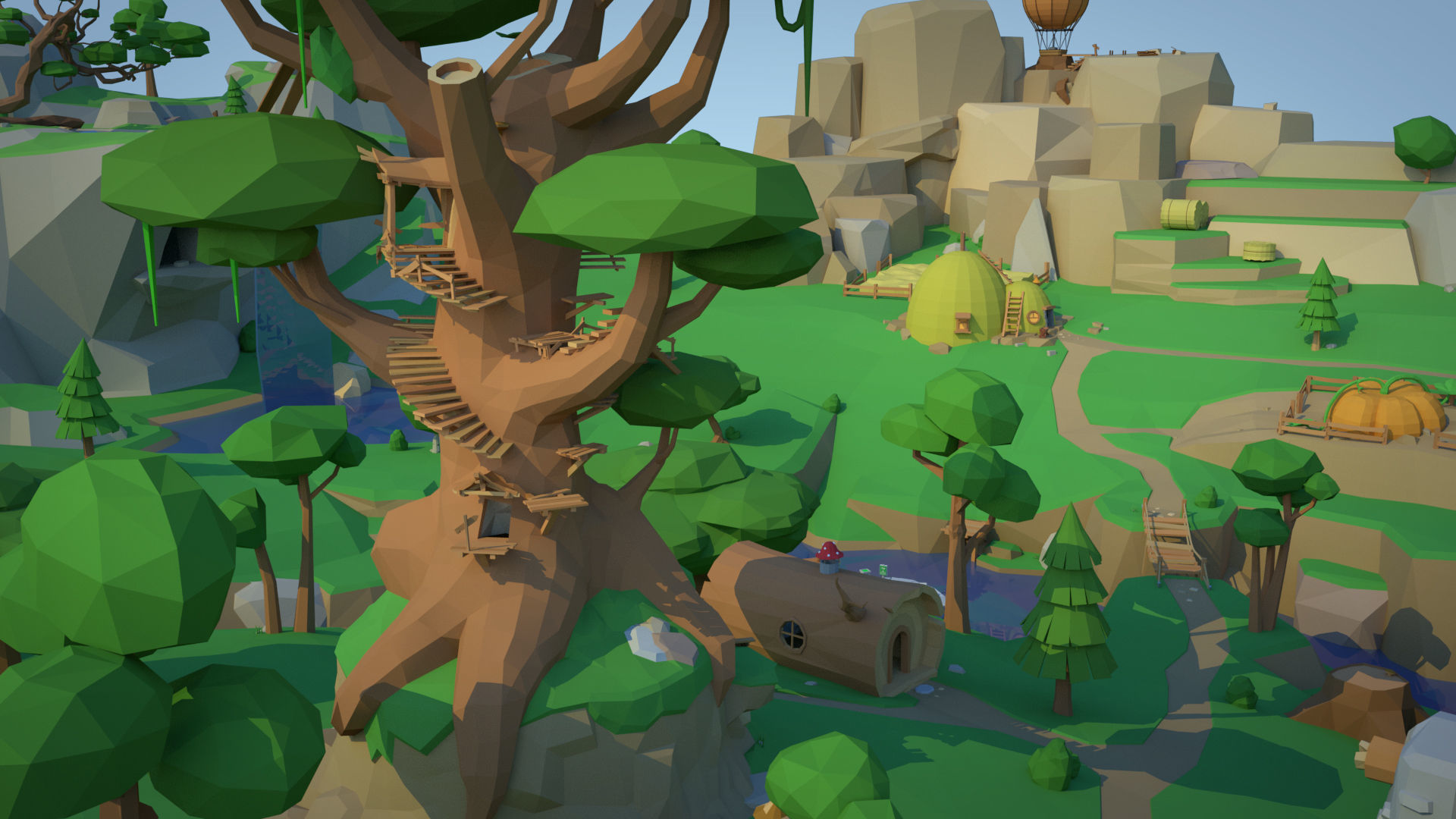 Low Poly Forest Scene with Tree Houses Low-poly 3D model_3