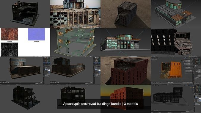 Apocalyptic destroyed buildings bundle 3D Model Collection