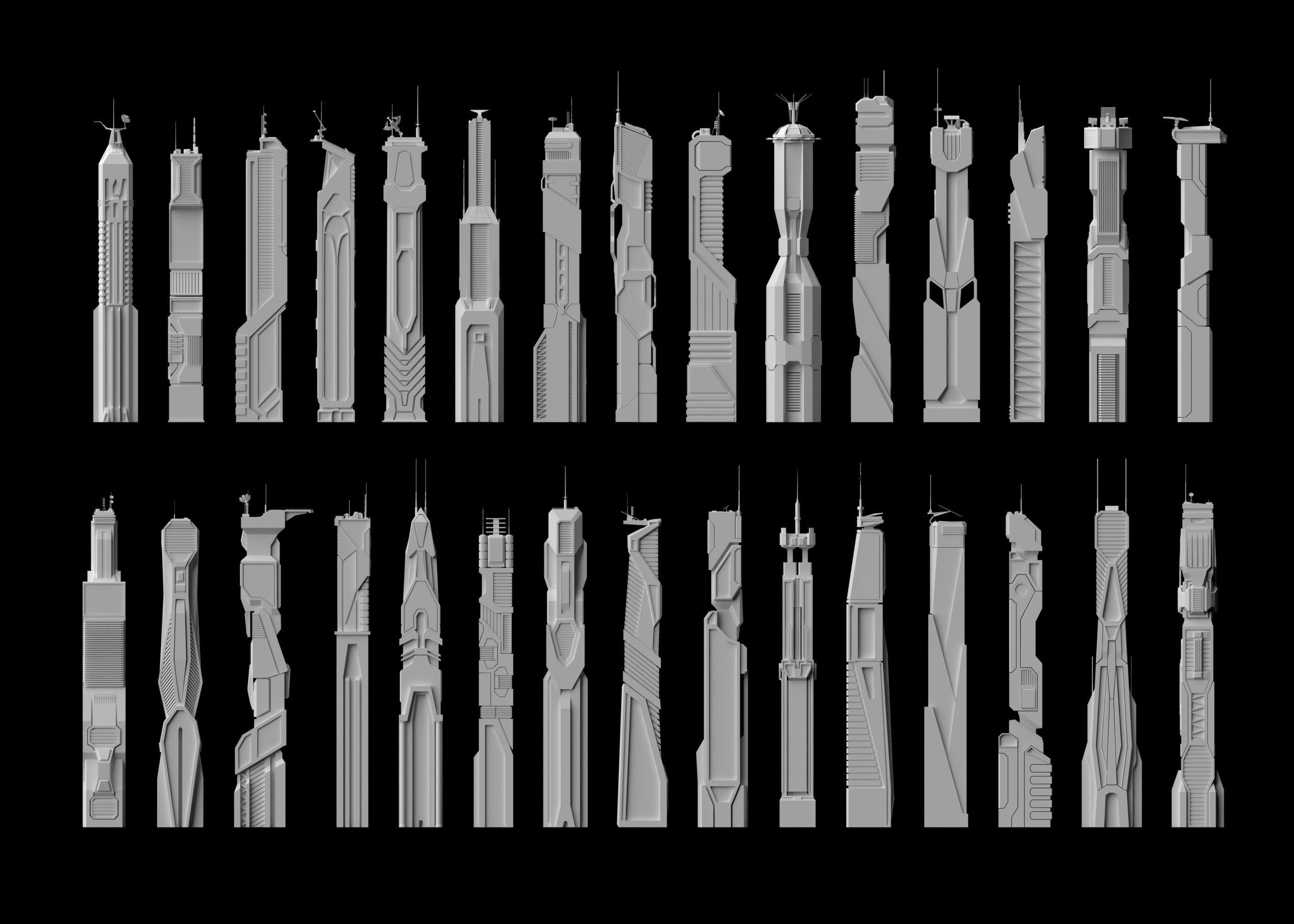 30 LOW POLY Sci-Fi Skyscrapers Pack Low-poly 3D model_2