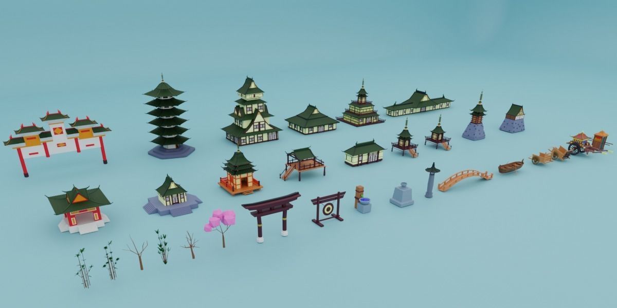 Pack low poly chinese city Low-poly 3D model_3