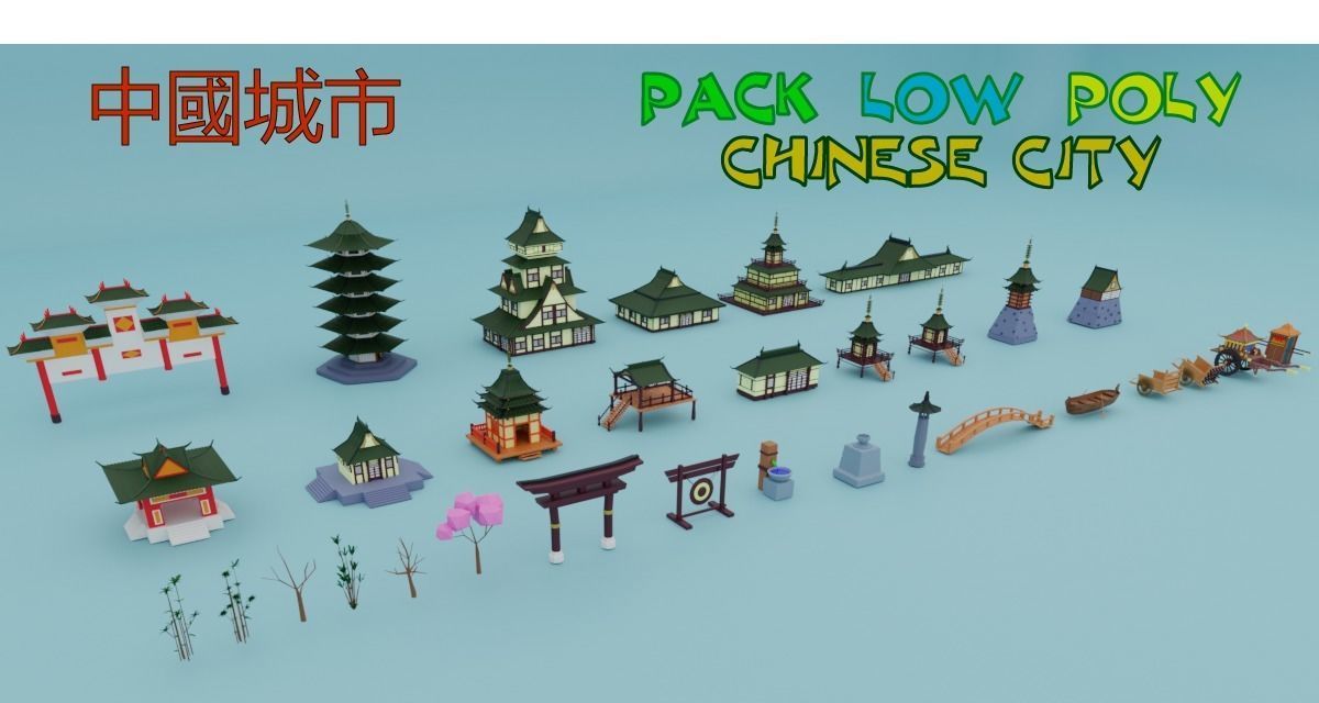 Pack low poly chinese city Low-poly 3D model_1