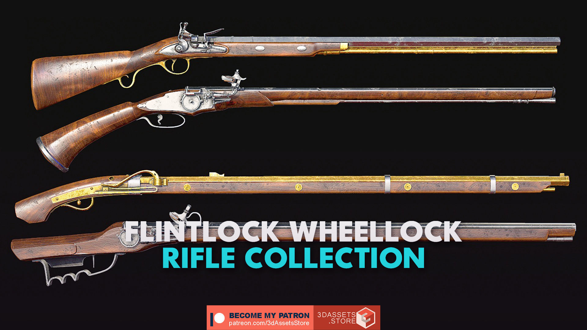 Weapon - Gun - Flintlock Wheellock Pistol Rifle Pack Bundle 3D Model Collection_10