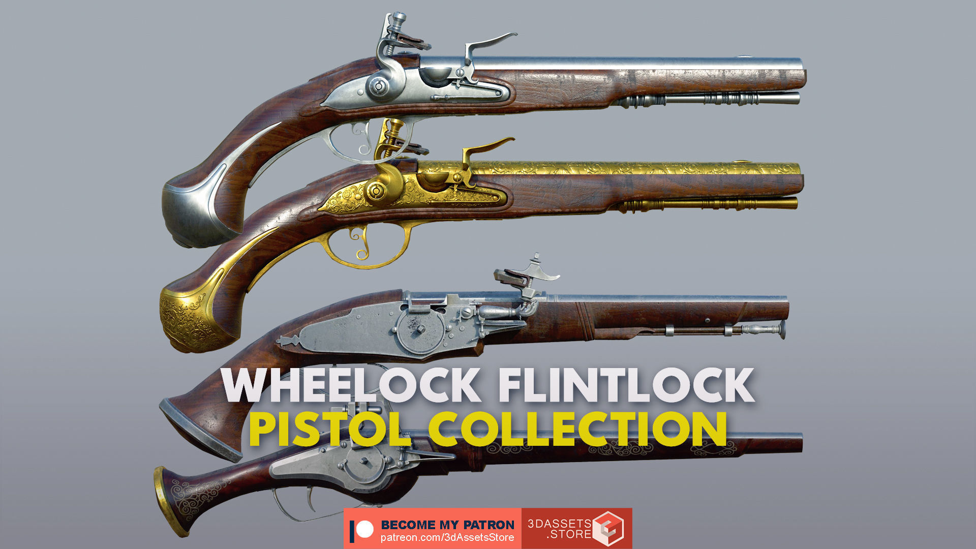 Weapon - Gun - Flintlock Wheellock Pistol Rifle Pack Bundle 3D Model Collection_9