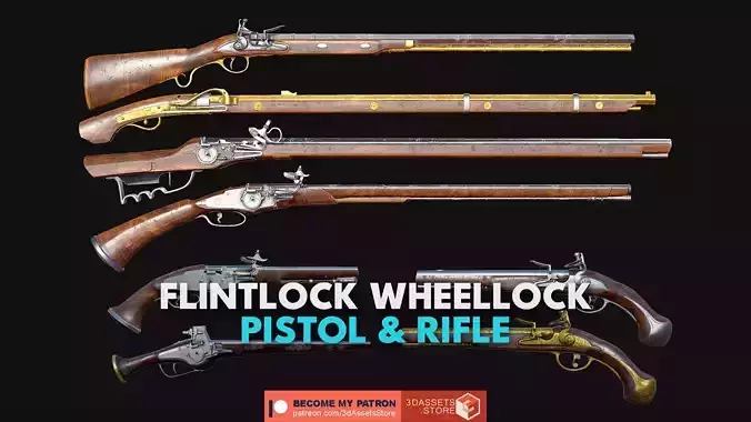 Weapon - Gun - Flintlock Wheellock Pistol Rifle Pack Bundle 3D Model Collection