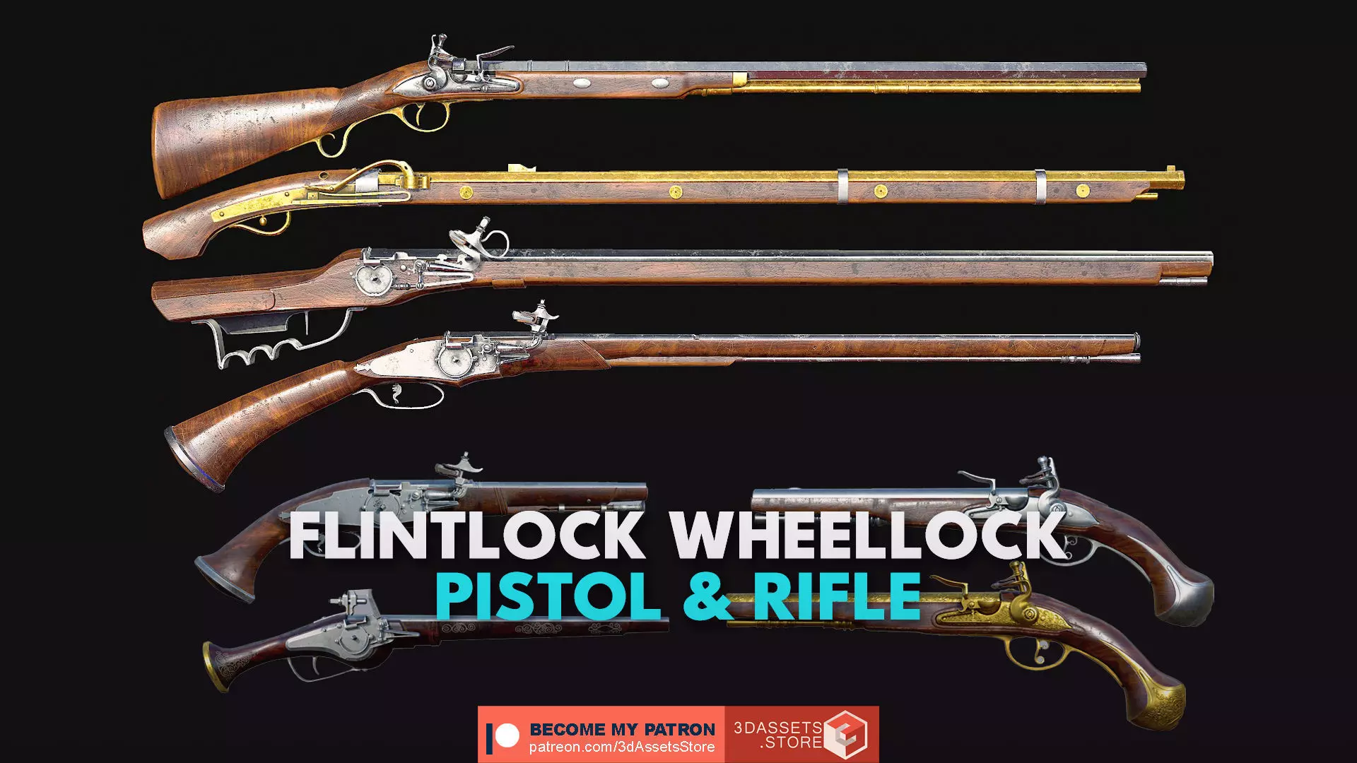 Weapon - Gun - Flintlock Wheellock Pistol Rifle Pack Bundle 3D Model Collection_0