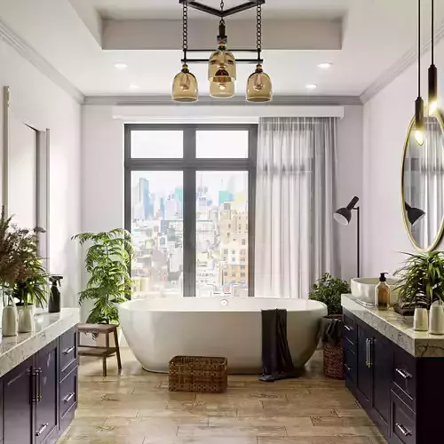 3D Bathroom full scene with plants 