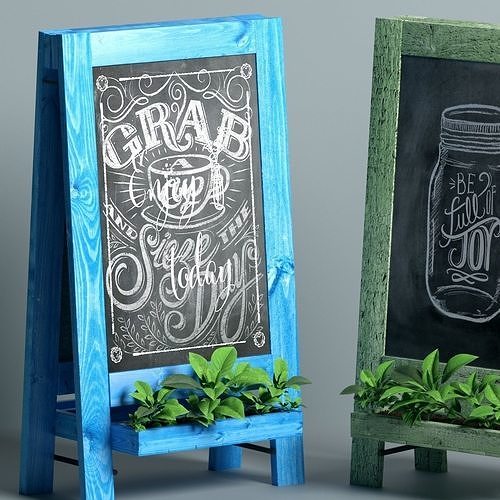 chalk board 04 with plants 3D model