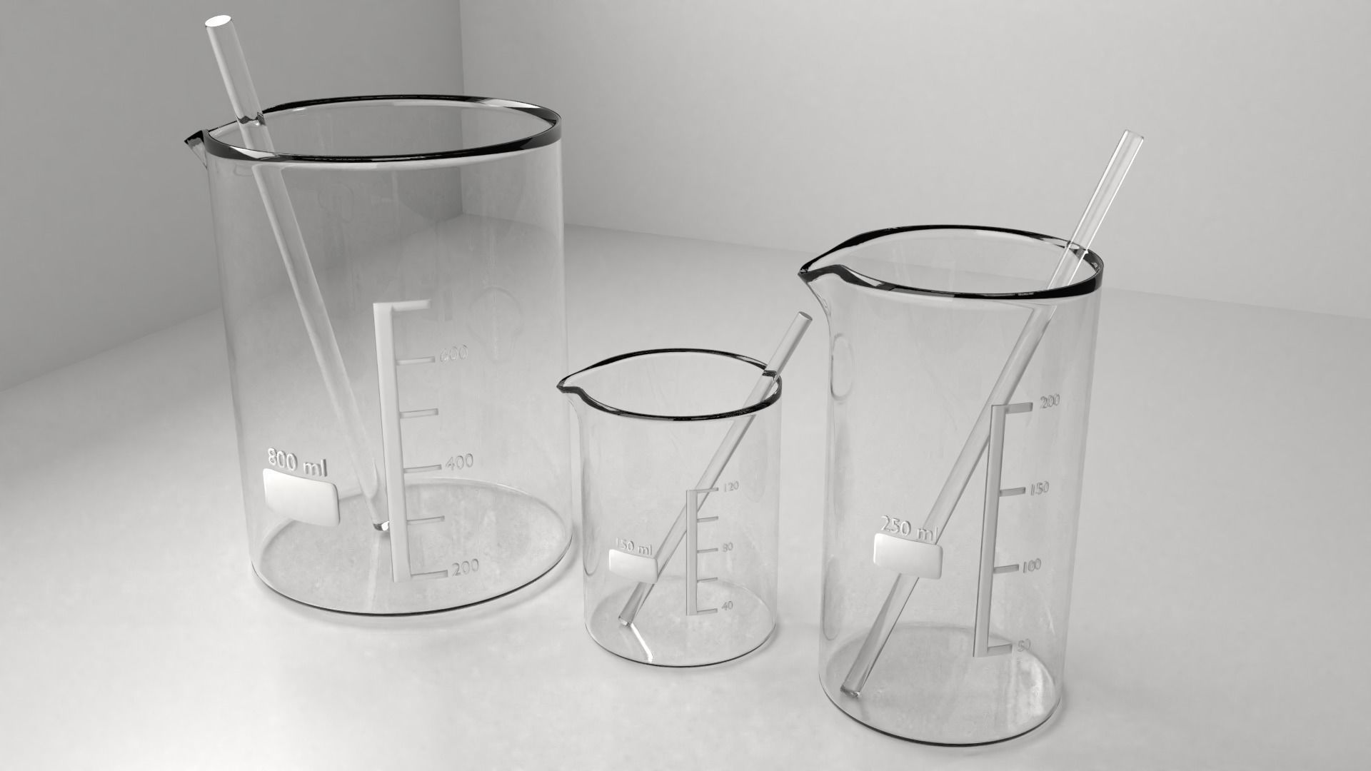 150ml  250ml and 800ml Empty Glass Beaker with Rod 3D model_1