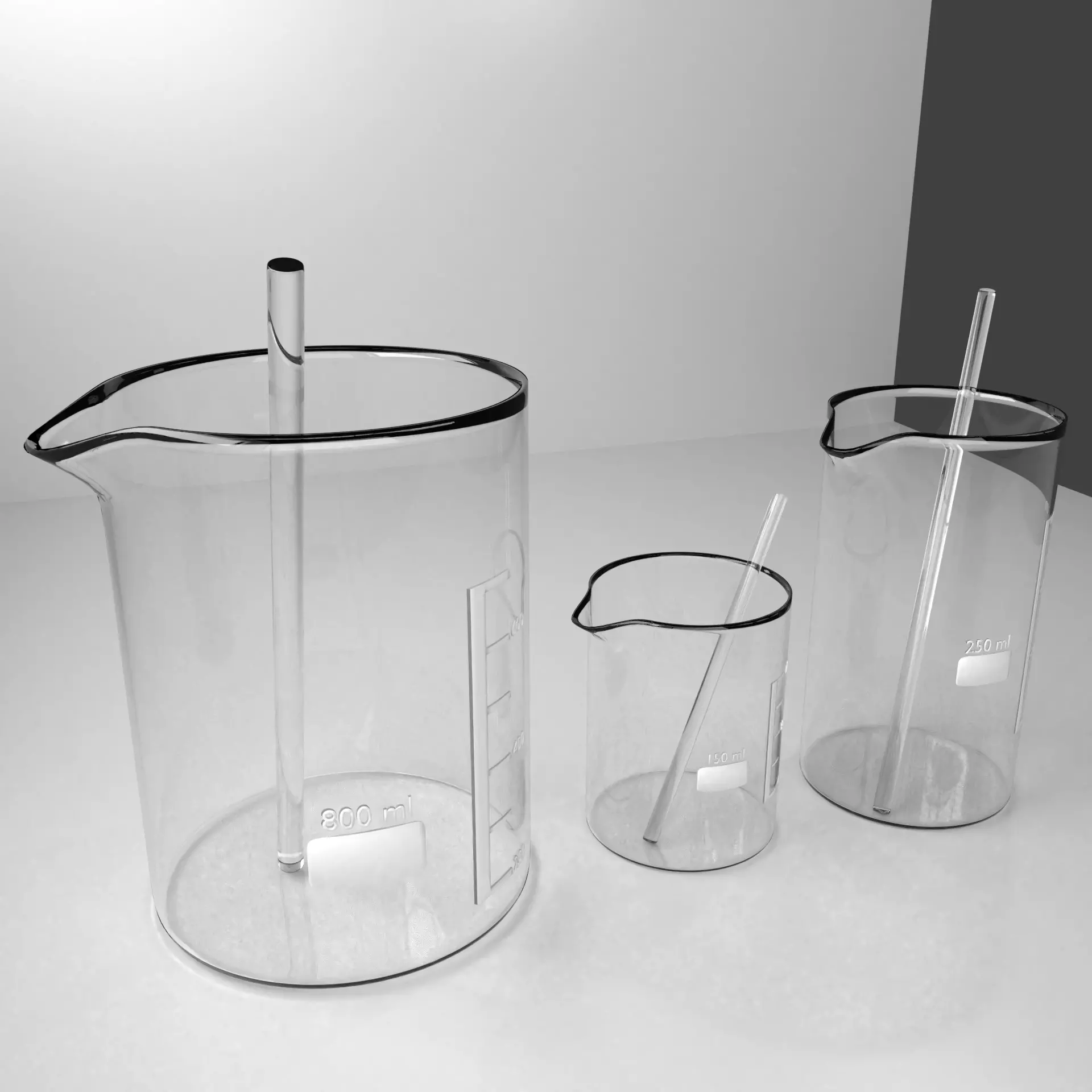 150ml  250ml and 800ml Empty Glass Beaker with Rod 3D model_0