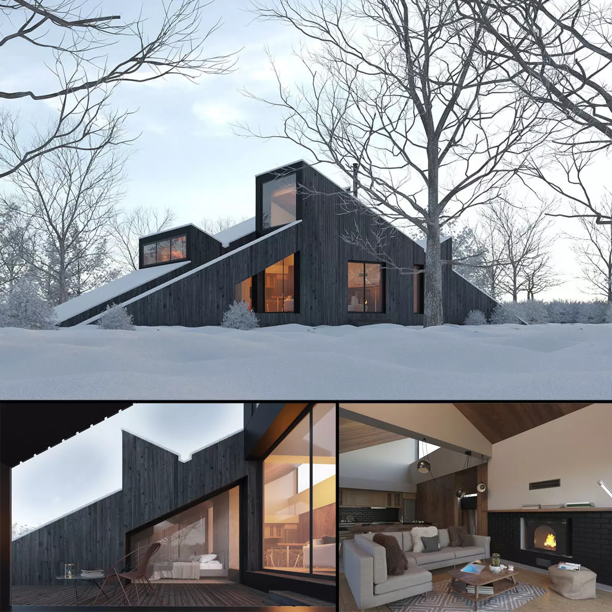 Winter Cabin House 3D model_0