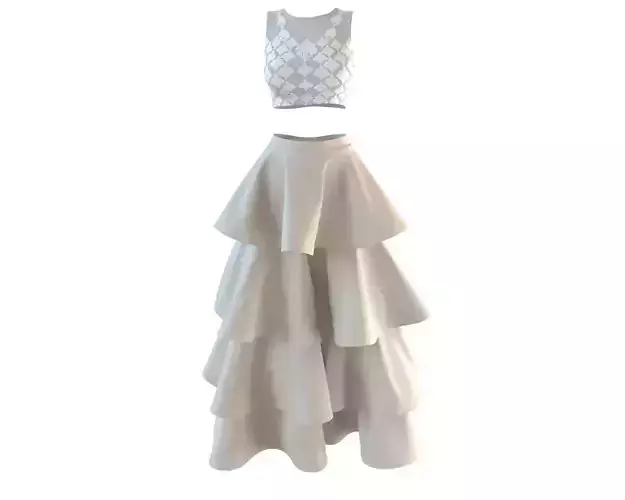 Stylish Designer Set of Wedding Dress Lace Top and Layer Skirt 3D model