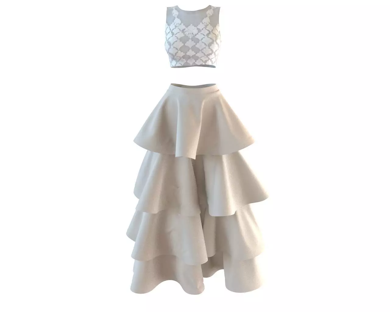 Stylish Designer Set of Wedding Dress Lace Top and Layer Skirt 3D model_0
