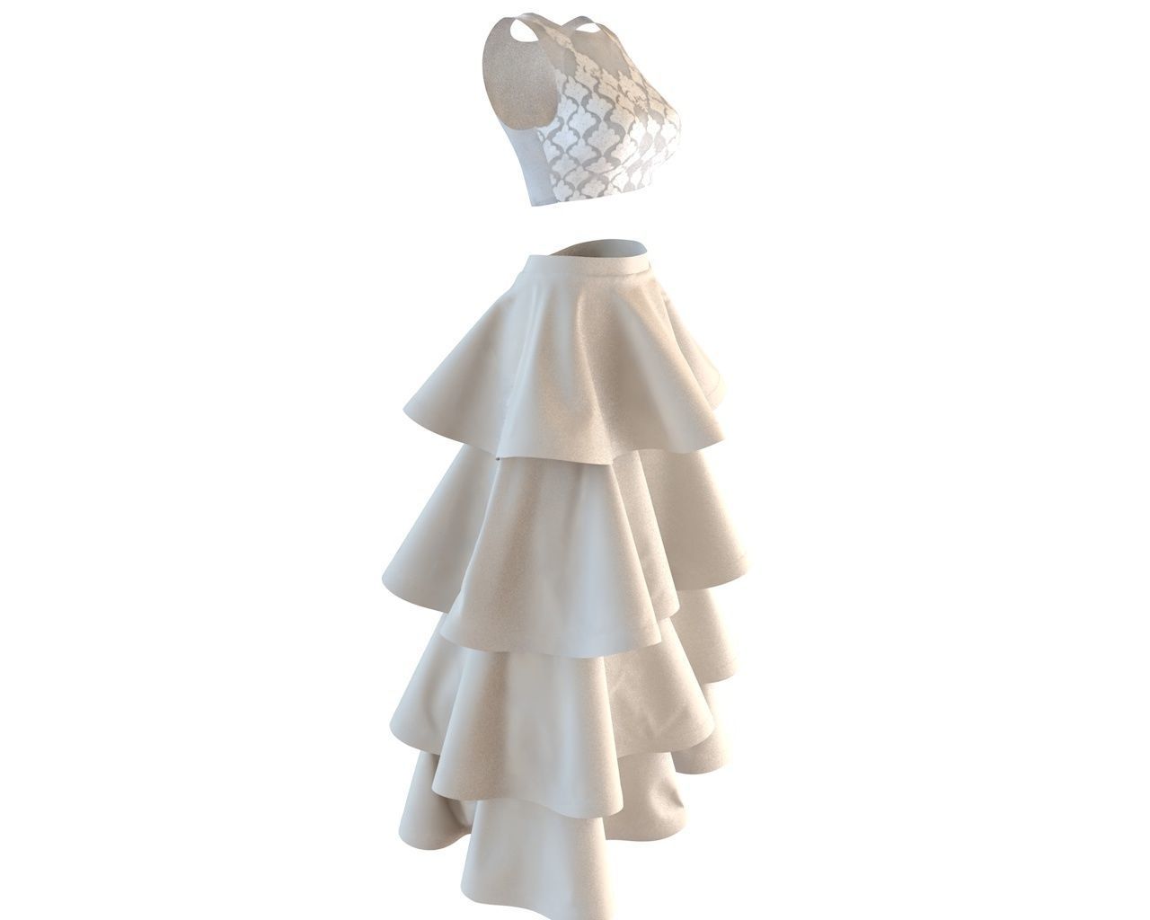 Stylish Designer Set of Wedding Dress Lace Top and Layer Skirt 3D model_2
