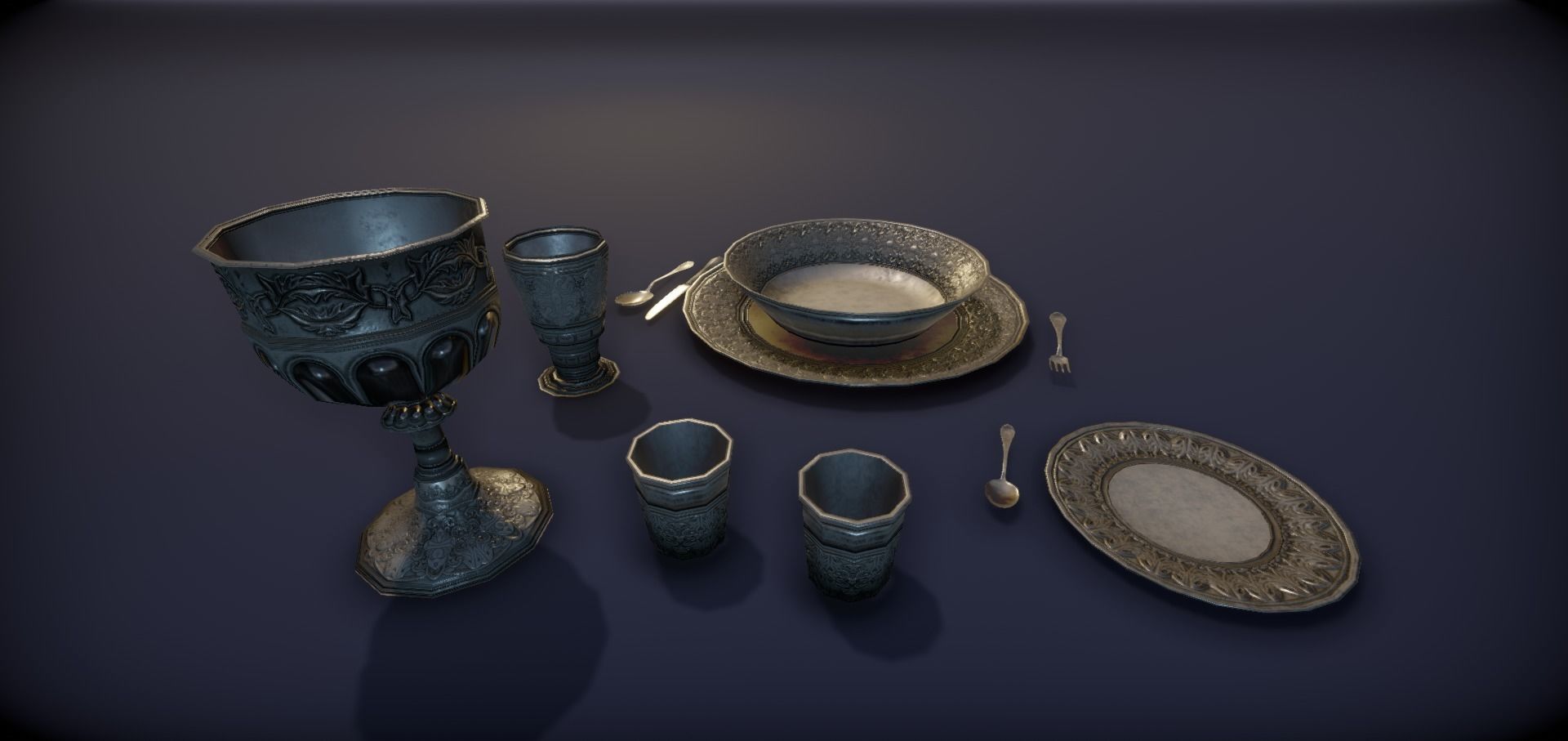 Silver service set on a table  - PBR Game Ready model Low-poly 3D model_29