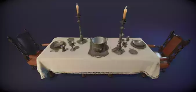 Silver service set on a table  - PBR Game Ready model