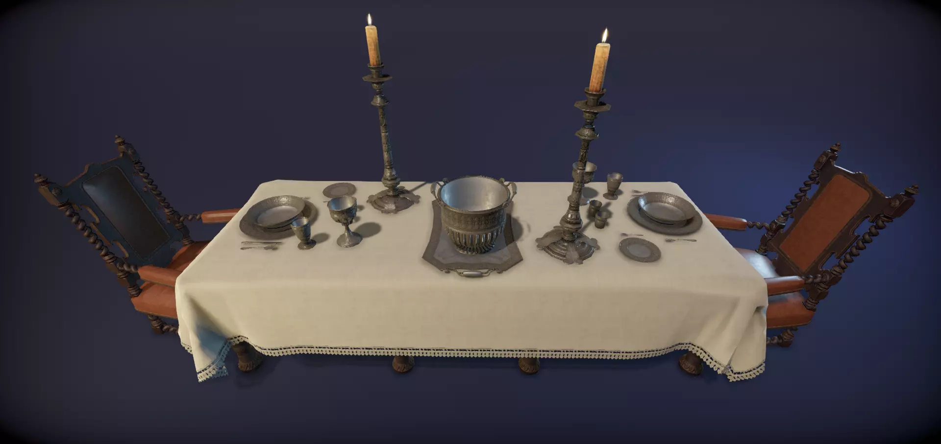 Silver service set on a table  - PBR Game Ready model Low-poly 3D model_0