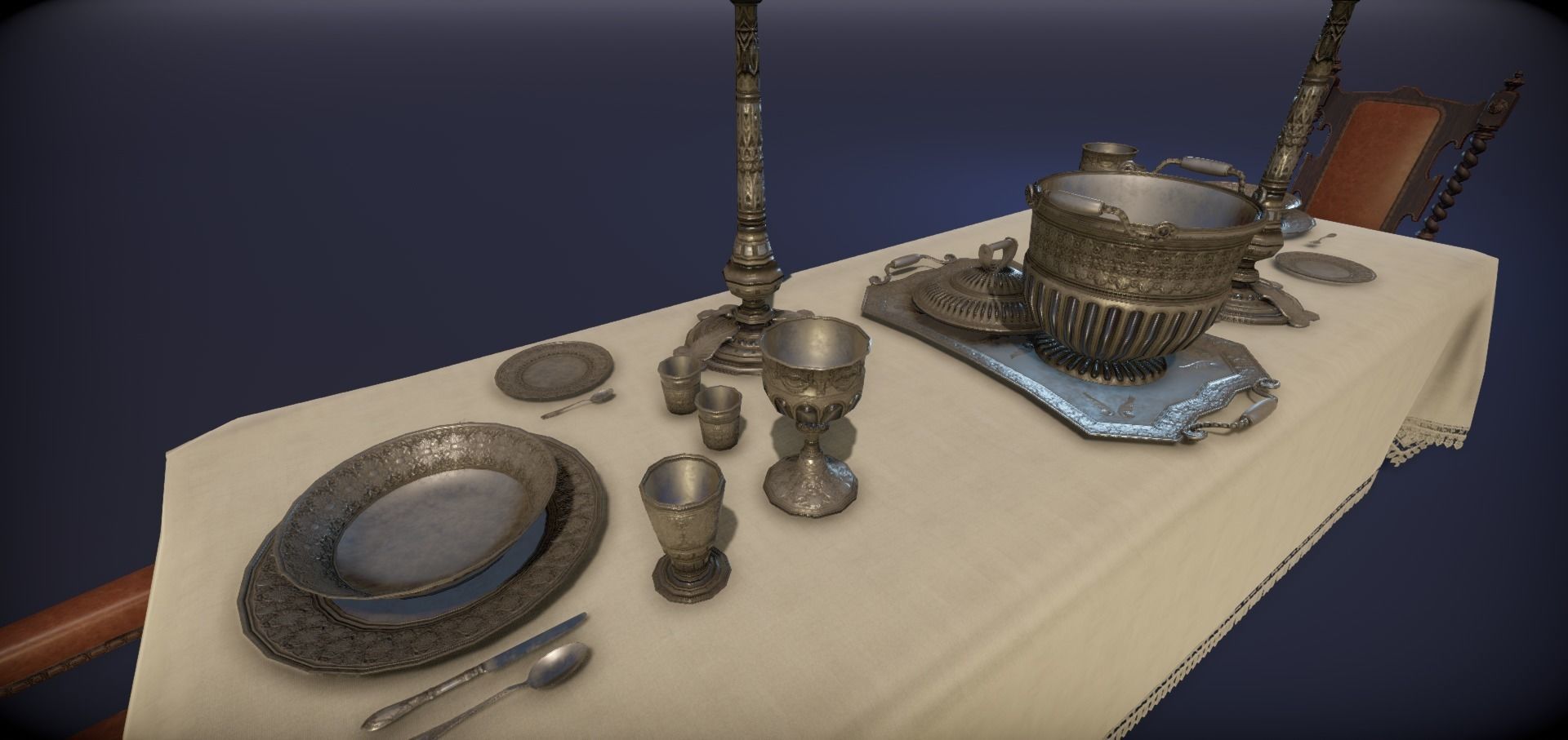 Silver service set on a table  - PBR Game Ready model Low-poly 3D model_35