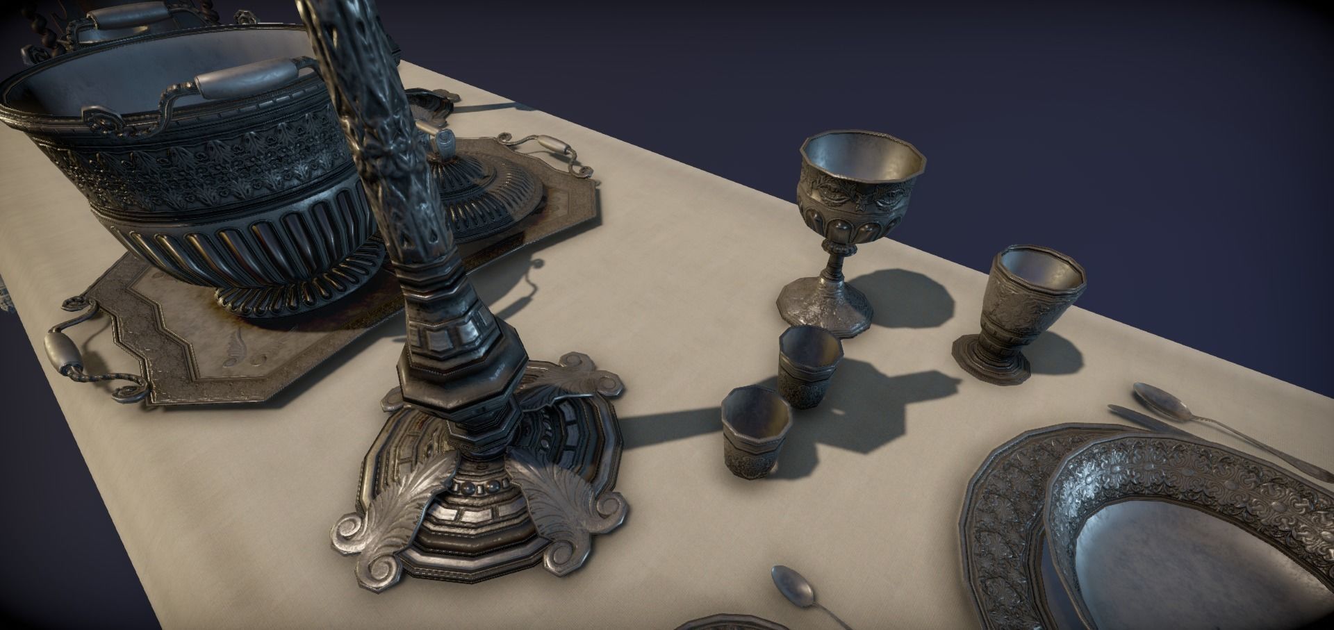 Silver service set on a table  - PBR Game Ready model Low-poly 3D model_41