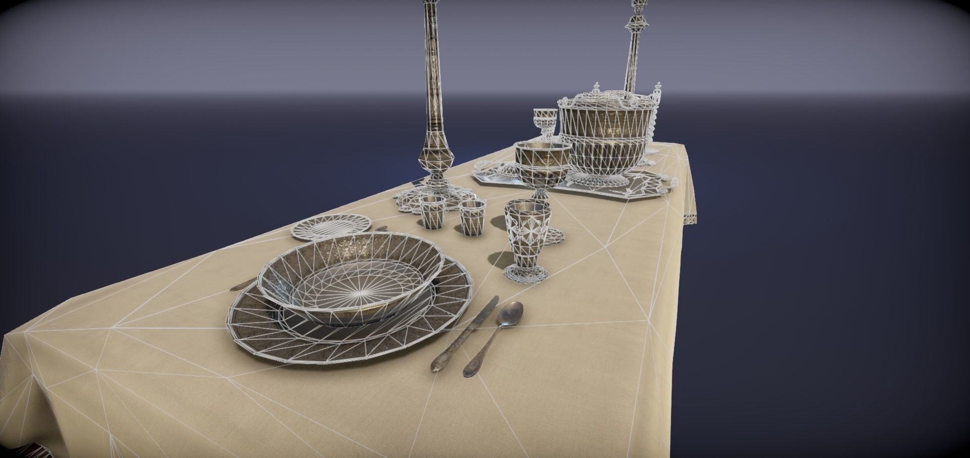 Silver service set on a table  - PBR Game Ready model Low-poly 3D model_26