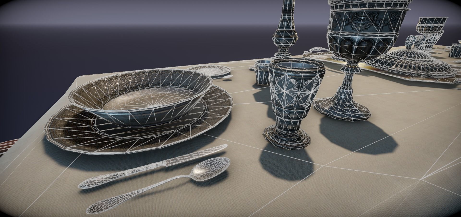 Silver service set on a table  - PBR Game Ready model Low-poly 3D model_36