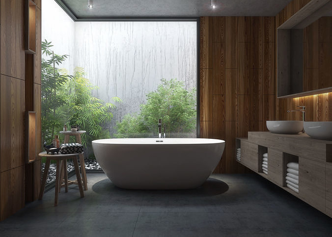 Bathroom 3D model with wooden walls and bathtub 3D model