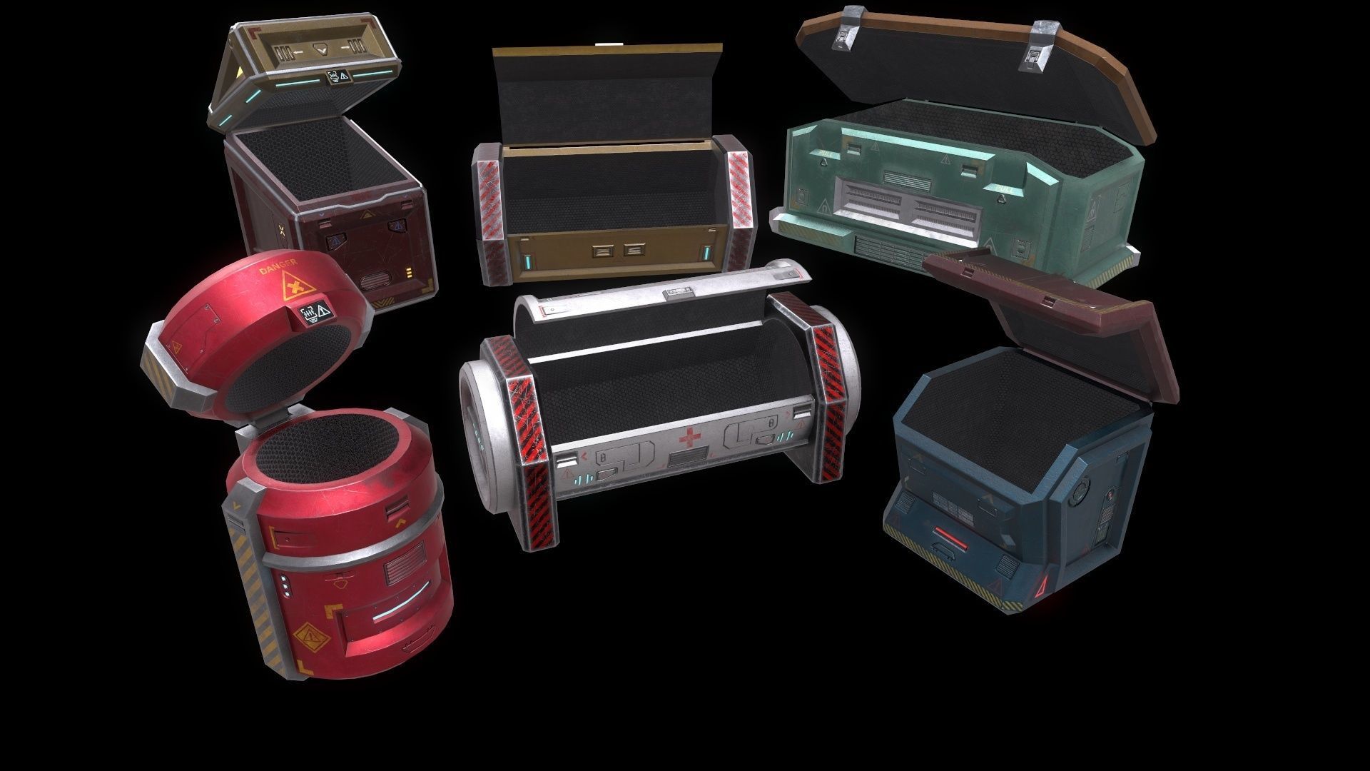 6 Models Scifi Crate Pack Openable Door Low-poly 3D model_3