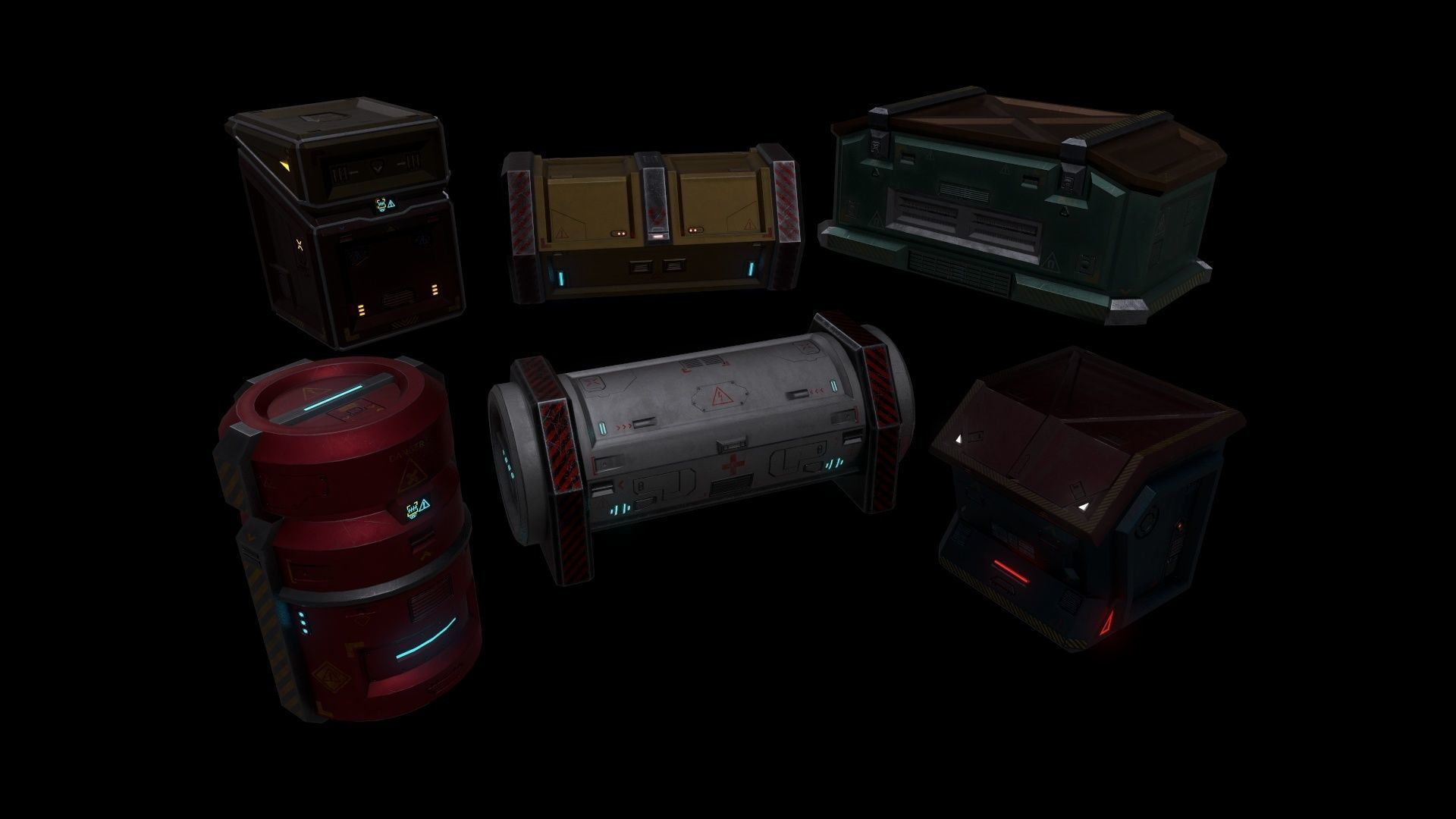 6 Models Scifi Crate Pack Openable Door Low-poly 3D model_2