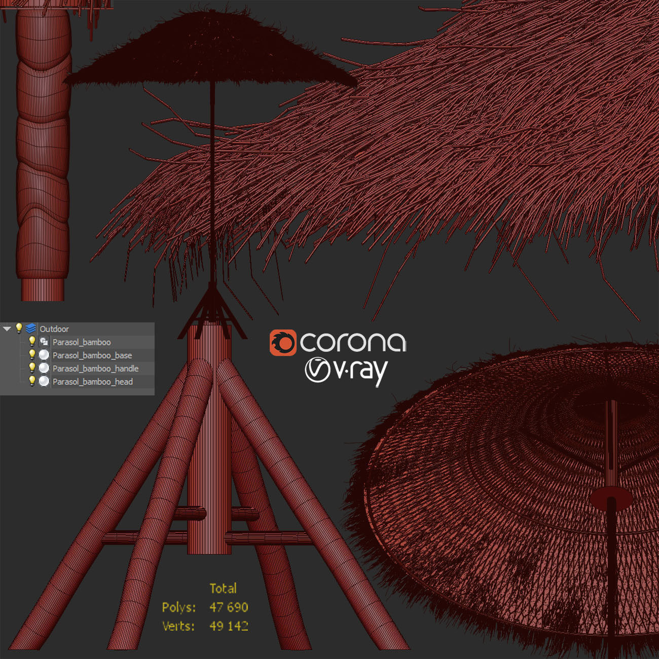 Bamboo Umbrella with Banana Leaf 3D model_4