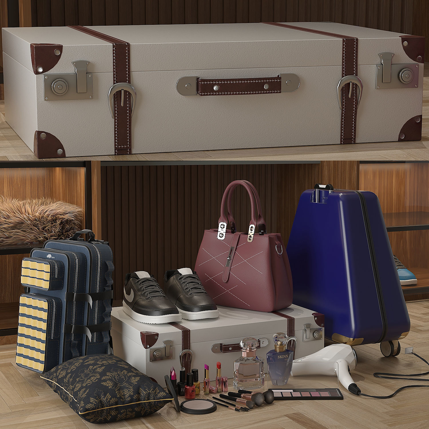 GLASS-MASTER-WARDROBE walk in closet with shelves and mirrors Low-poly 3D model_2