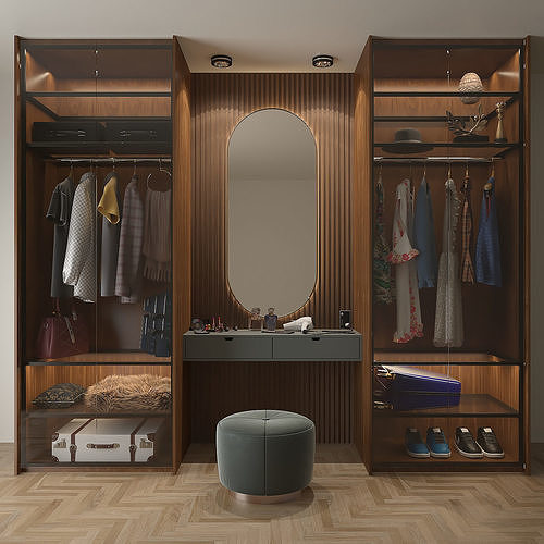 GLASS-MASTER-WARDROBE walk in closet with shelves and mirrors Low-poly 3D model