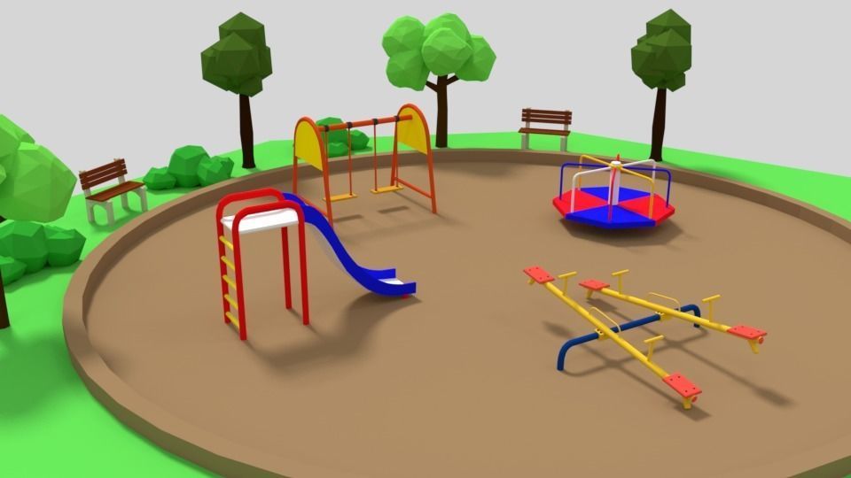 Low Poly Cartoon Playground Scene Low-poly 3D model_9