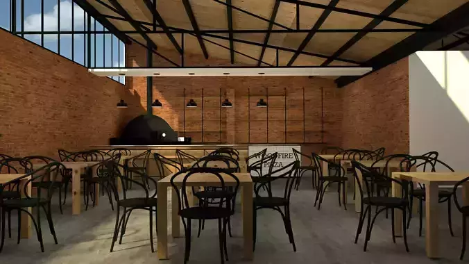 Market interior of restaurant in brick building